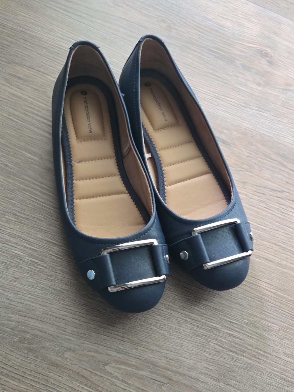 Navy Blue Women’s Ballet Flats with Silver Buckle Accent